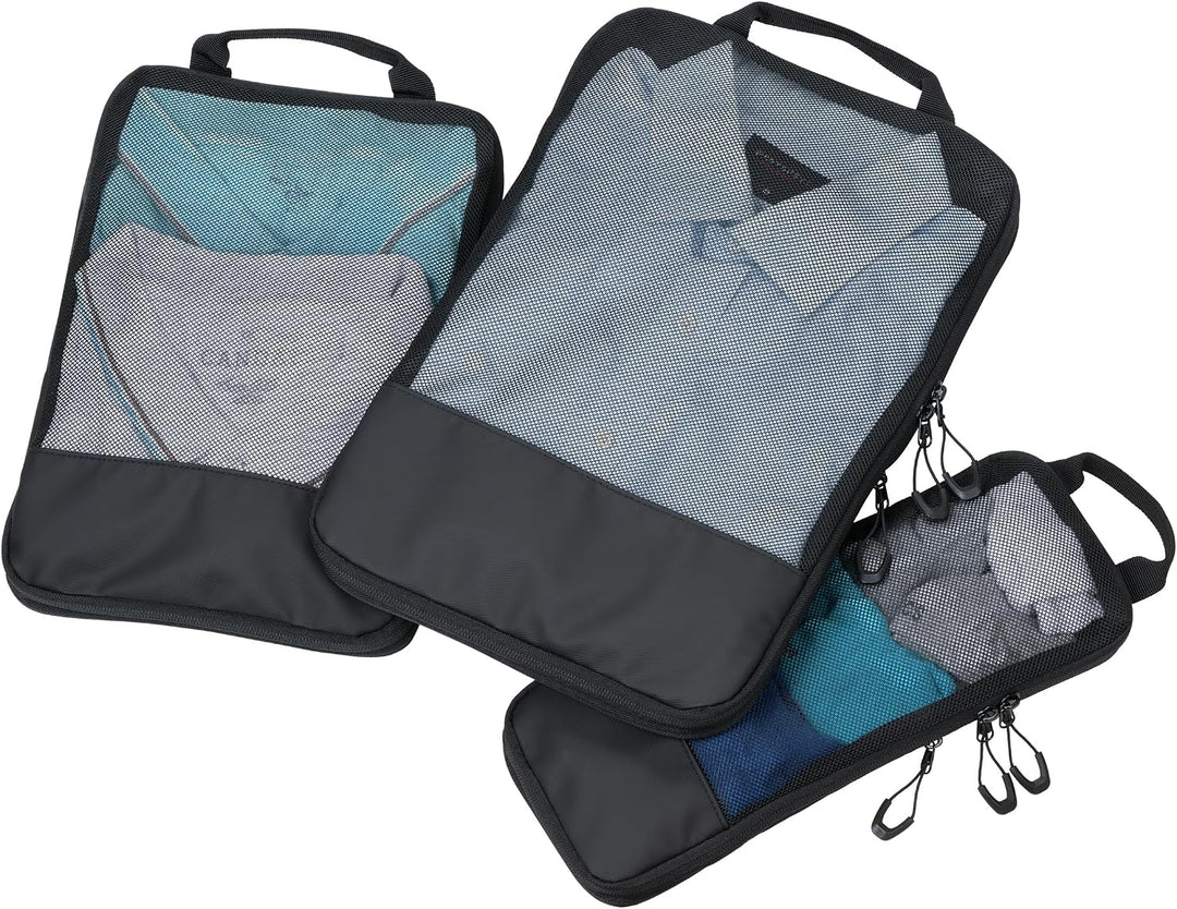 Reise-Kompressionstaschen Set – TROIKA BLACK PACKING CUBES – 3 Packtaschen mit zusätzlichem Kompress