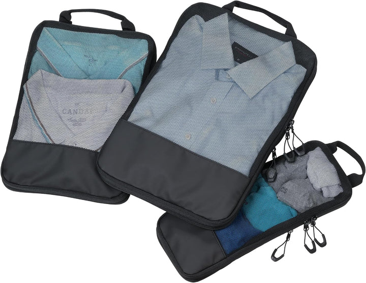 Reise-Kompressionstaschen Set – TROIKA BLACK PACKING CUBES – 3 Packtaschen mit zusätzlichem Kompress