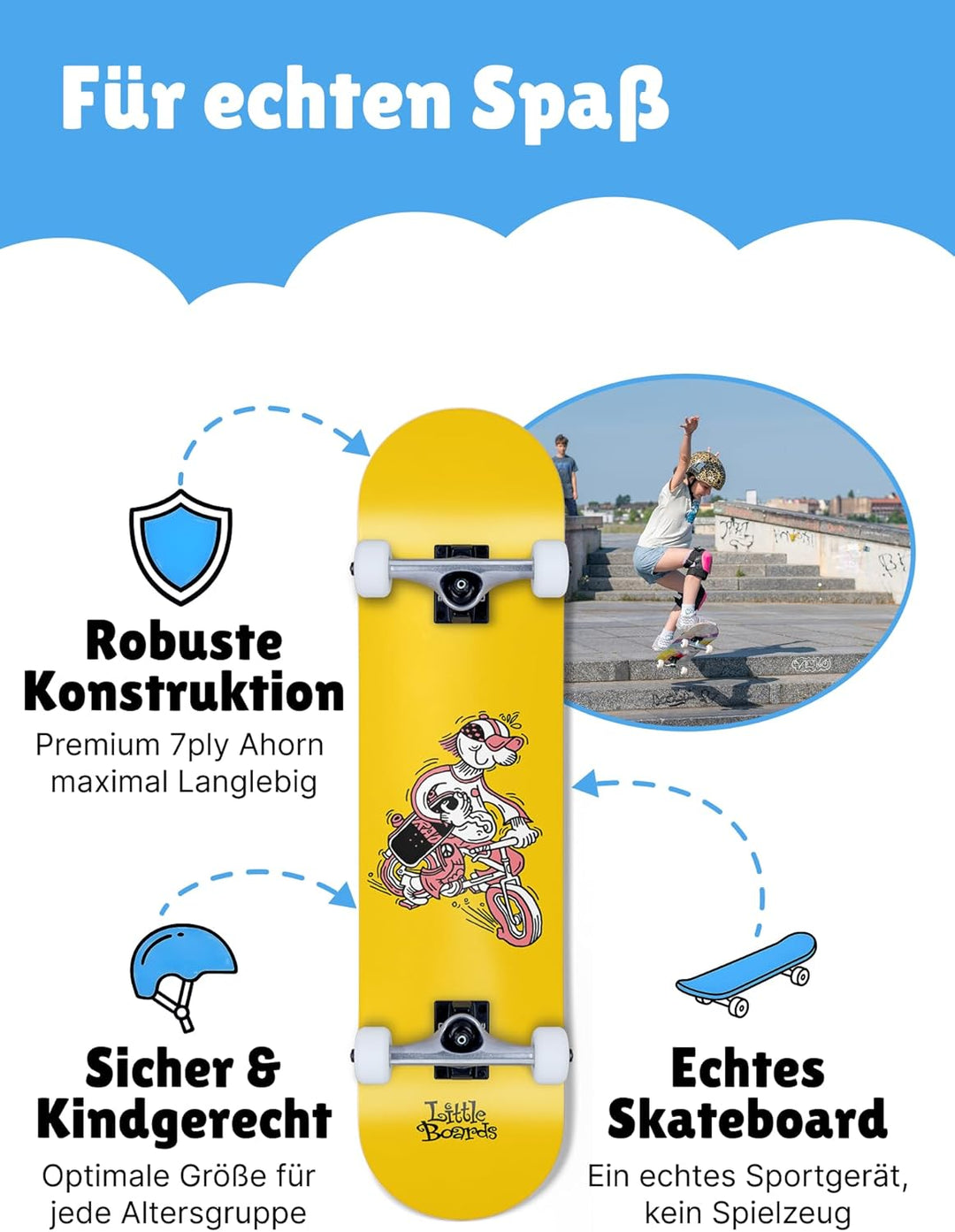 Skateboard für Kinder - hochwertiges Komplettboard für Anfänger ab 3 oder 4 Jahren, aus 7 Lagen Ahor