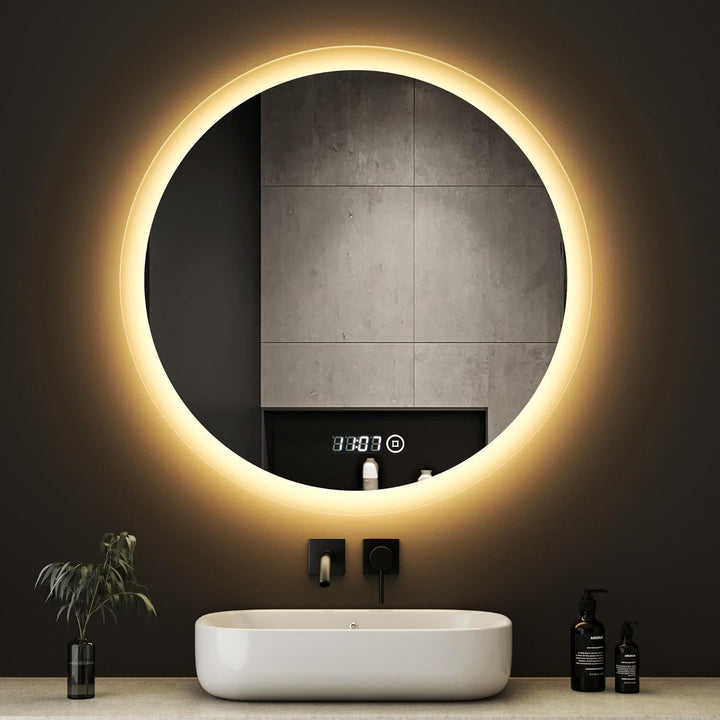 Boromal LED Badspiegel mit Uhr und Beleuchtung 60cm Rund Badezimmerspiegel 3 Lichtfarbe Dimmbar 3000