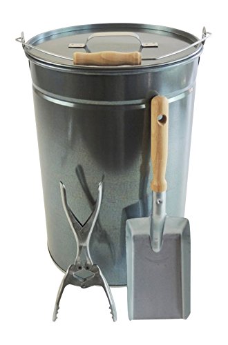 Ascheimer mit Deckel 25l + Brikettzange + Kohleschaufel mit Holzgriff