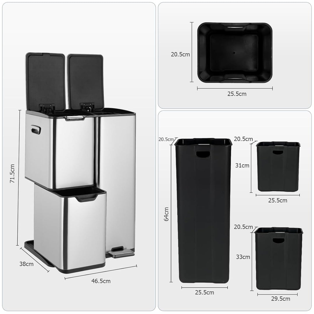 LIFERUN Mülleimer 3 Fächer, 60L Mülltrennsystem (30 + 17 + 13 L) mit Softclose Deckel, Abfalleimer K