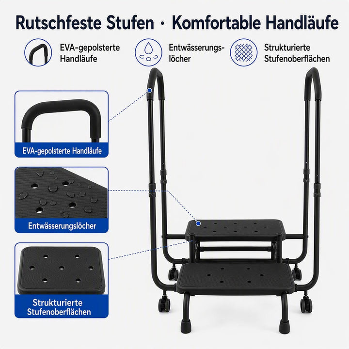 Trittstufe mit Haltegriff 2 Stufen Badewannenstufe, Schwarz, Schwarz