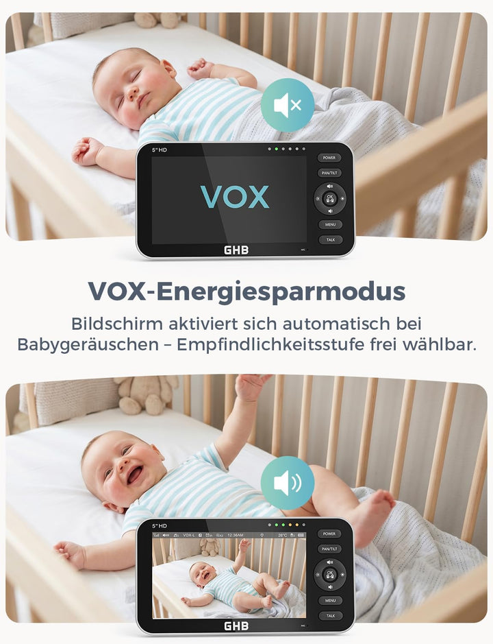 GHB Babyphone mit 2 Kameras 5 Zoll 720P HD Display mit bis zu 168h Akkulaufzeit im VOX Schlafmodus S