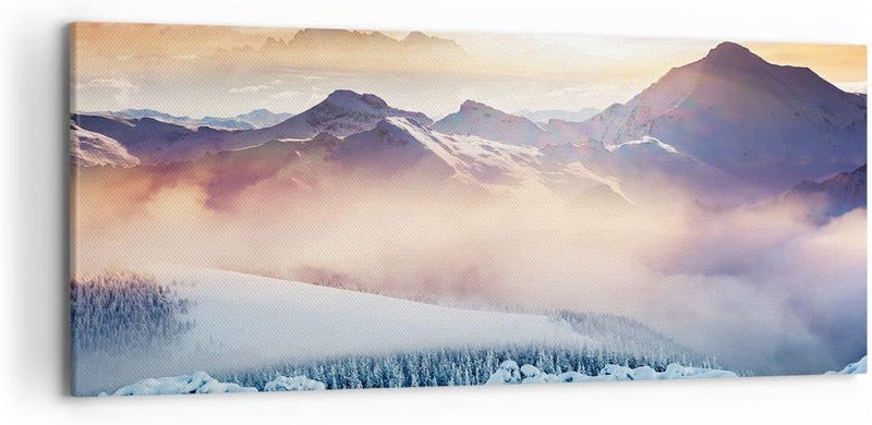 Wandbilder Dekoration Wohnzimmer Berge Schnee Winter Panorama Bilder auf Leinwand 120x50cm Leinwandb