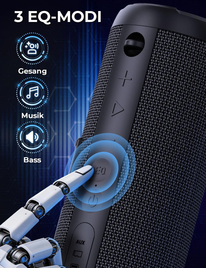 RIENOK Bluetooth Lautsprecher, Musikbox mit EQ 5.3 Bluetooth Box, IPX7 Lautsprecher RGB Licht Bass m