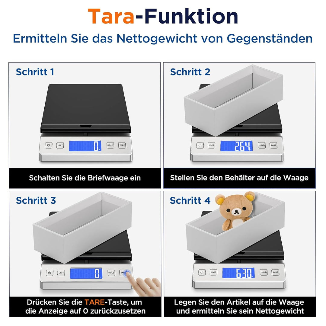 Briefwaage, 30kg/2g Digitale Paketwaage mit Halte & Tara Funktion, Hohe Präzision Faltbare Plattform