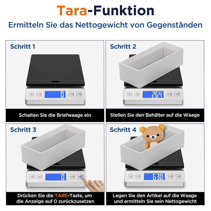 Briefwaage, 30kg/2g Digitale Paketwaage mit Halte & Tara Funktion, Hohe Präzision Faltbare Plattform