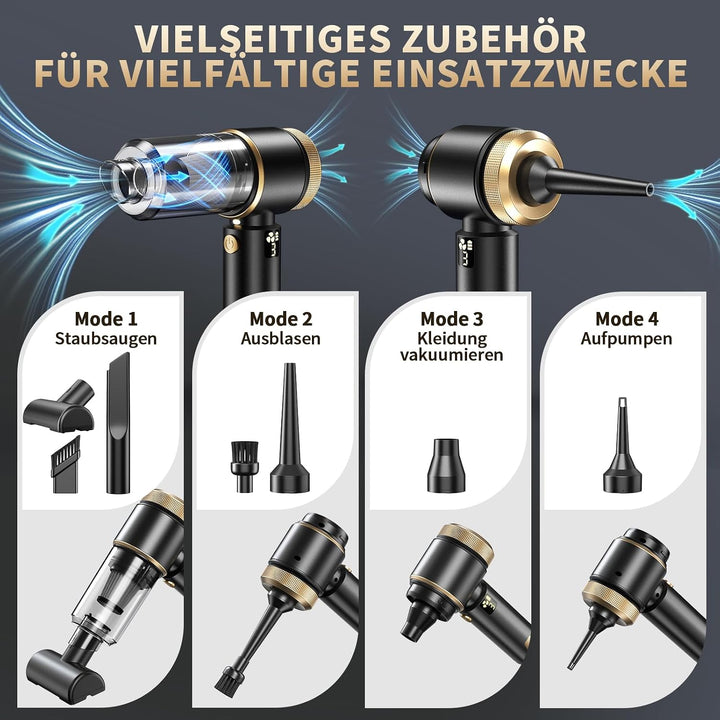 Handstaubsauger Akku 4-in-1 Auto Staubsauger 20000Pa 6000mAh | 4 Funktionen: Saugen, Blasen, Aufpump