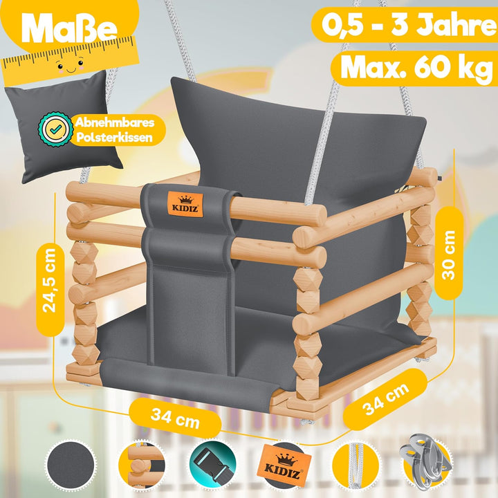 KIDIZ® Babyschaukel Kinderschaukel für Babys ab 6 Monaten und Kleinkinder bis 3+ Jahre | Holzschauke
