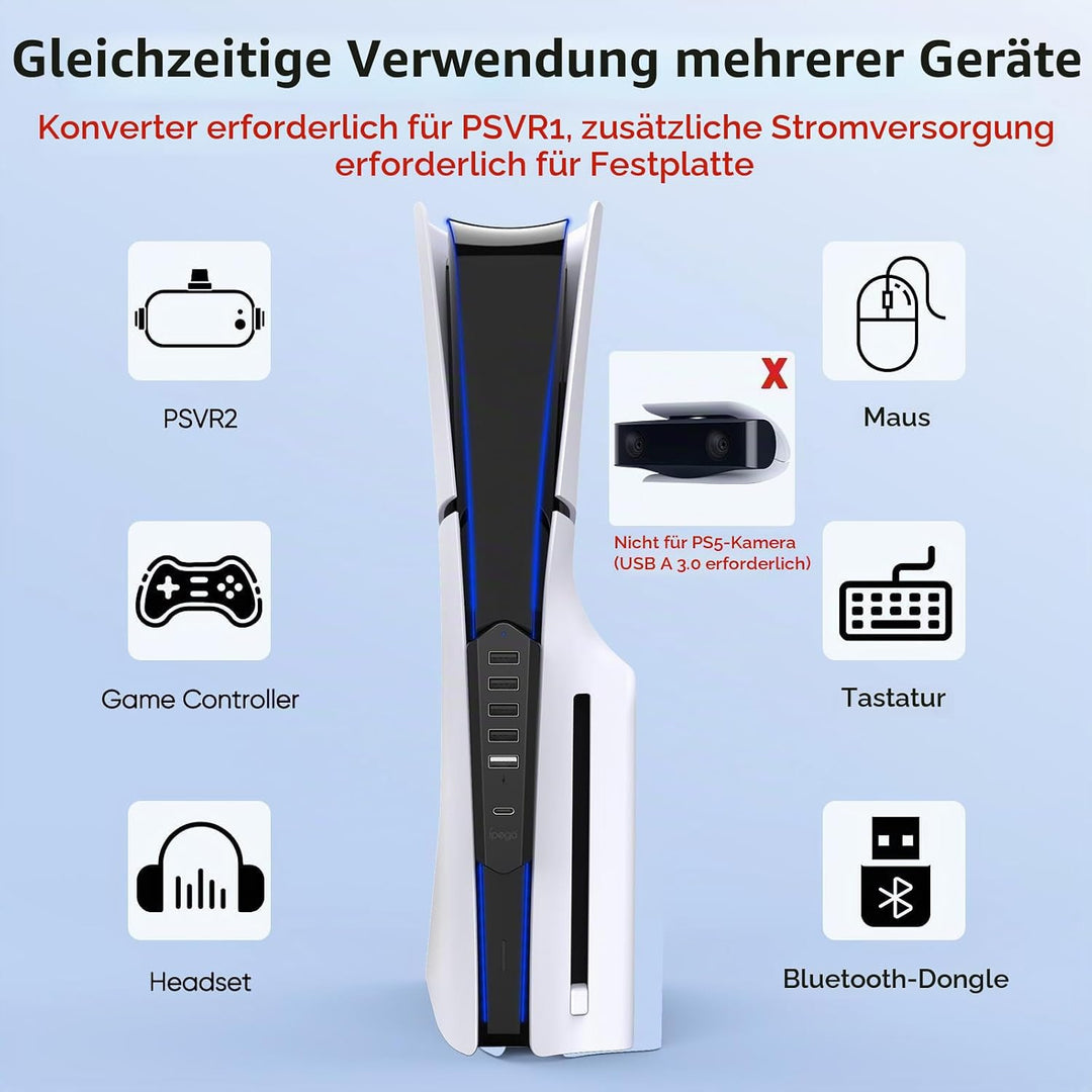 Auarte USB Hub für PlayStation 5 Pro/Slim Console, 1 Typ C 3.1 Anschluss, 4 USB 2.0 Anschlüsse, 1 US