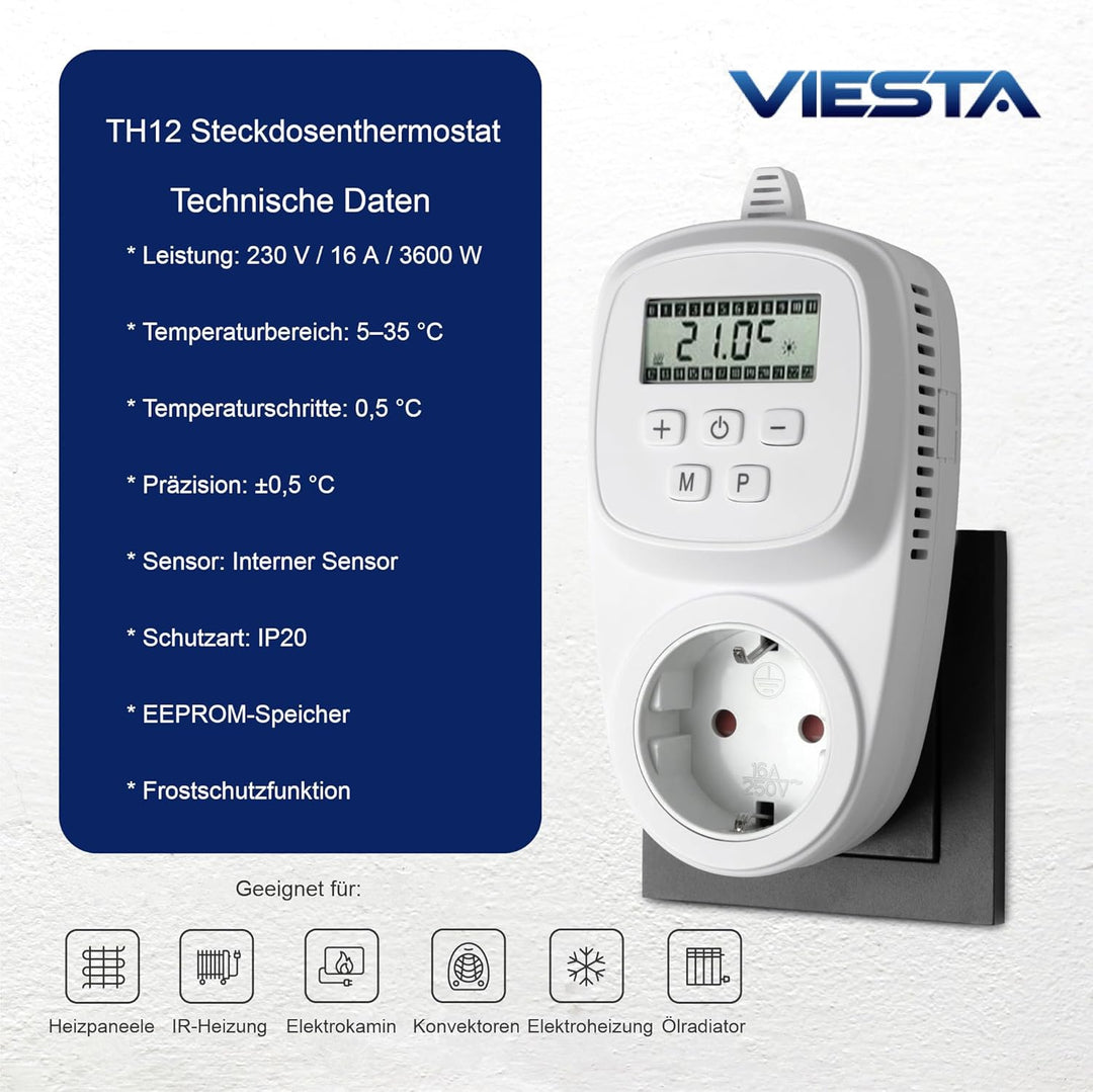 VIESTA TH12 Thermostat Thermostatstecker Steckdosenthermostat für Infrarotheizung Heizpaneele Heizun