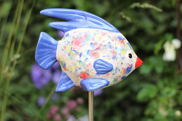 Gartenfigur Fisch aus Keramik Weiss-Blau Gartendeko Gartendekoration Teichdeko, Weiss-Blau