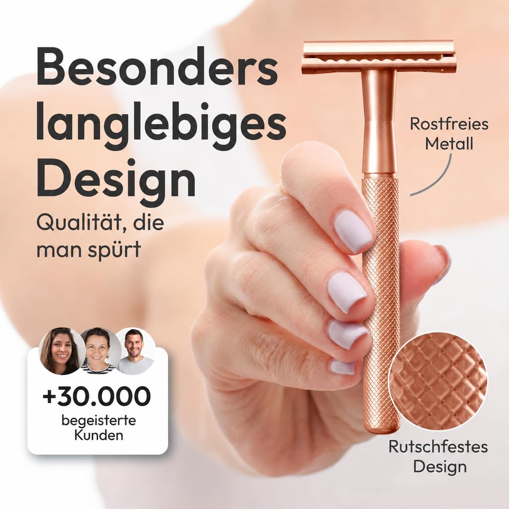 ANYMALE® Rasierhobel Rosegold Edition - Damen Set mit Ständer und 5 ASTRA Klingen - Plastikfreier Ra