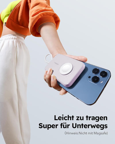 VEGER Mini Power Bank 20W PD, 5000mAh Powerbank mit Eingebautem Apple Kabel, mit Apple Watch Laden,