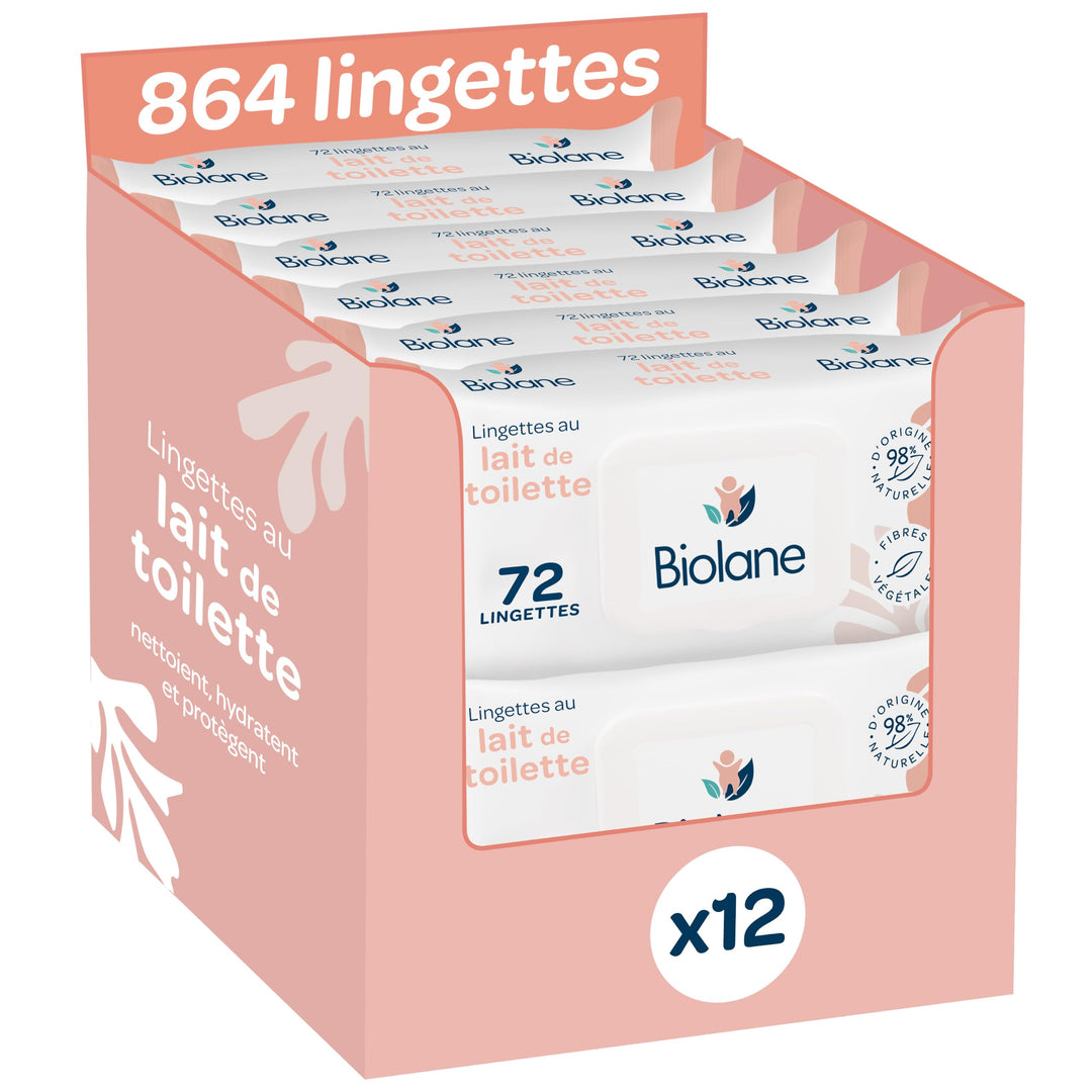 BIOLANE - 12 Packungen – Babytücher mit Toilettenmilch – Baby – 864 Babytücher – reinigt und spendet