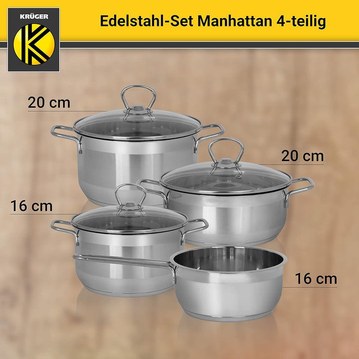 Krüger Edelstahl Kochtopf-Set Manhattan 4-teilig - Topfset aus 3 Kochtöpfen und einer Stielkasseroll