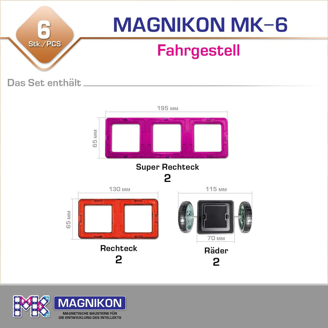 MAGNIKON 2 klick Räder mit 2 Rechtecke und 2 Super Rechtecke für Magnetische Bausteine, ideal als Ko