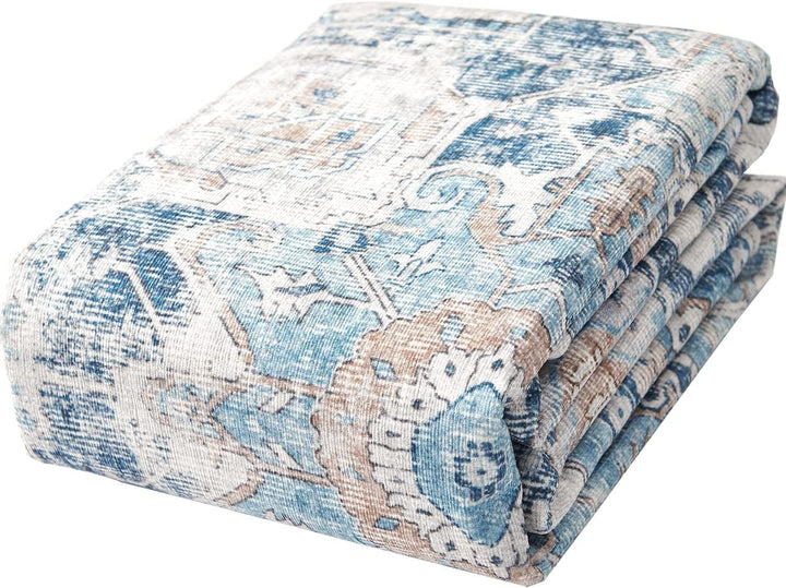 TOPICK Blau Läufer 60x300cm Flur Floral Teppich Waschbar Superdünne Vintage Blumenteppich Kurzflor O