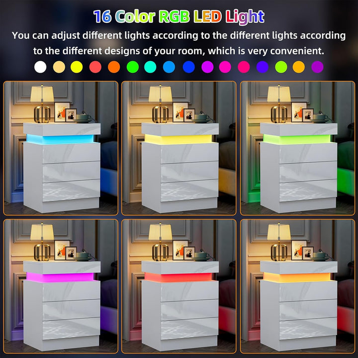 PIPIPOXER Nachttisch Weiss mit LED, Hochglanz Nachtschrank mit 3 Schubladen und Versteckte Obere Sch