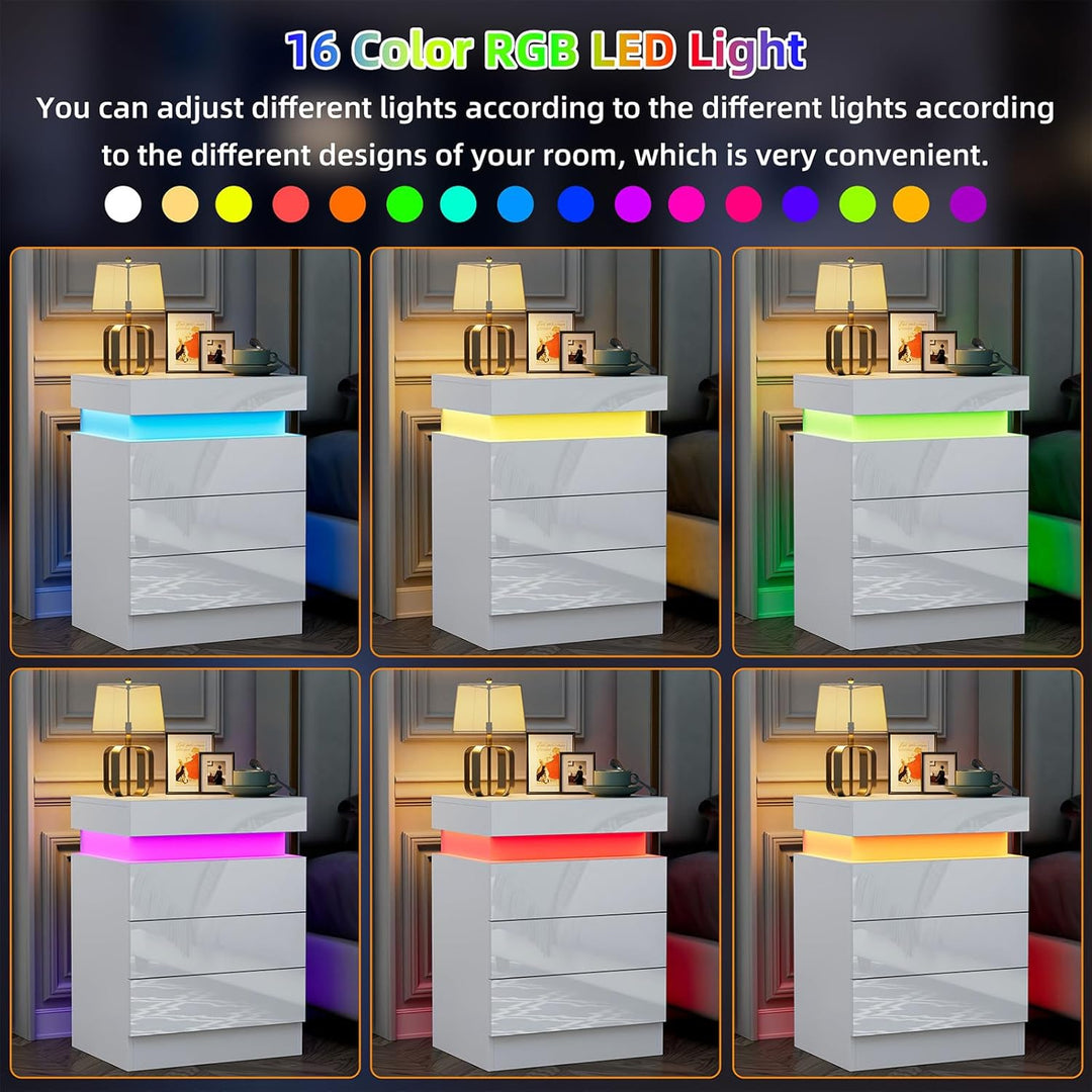 PIPIPOXER Nachttisch 2er Set mit LED, Hochglanz Nachtschrank mit 3 Schubladen und Versteckte Obere S