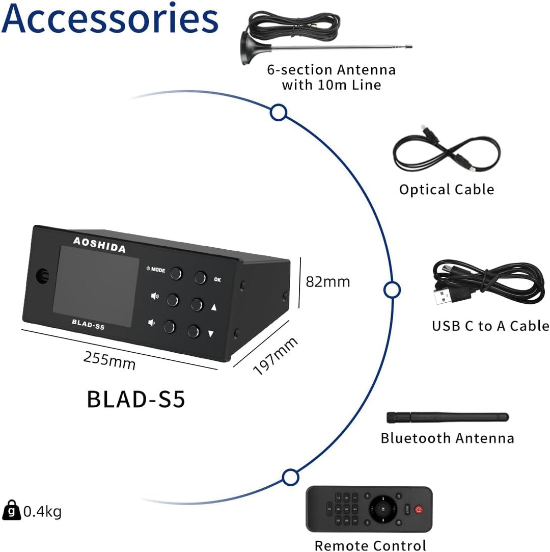 AOSHIDA BLAD-S5 FM Radio Bluetooth Empfänger, ES9038 CS8406 Wireless Audio Adapter, FM/BT to RCA/Koa