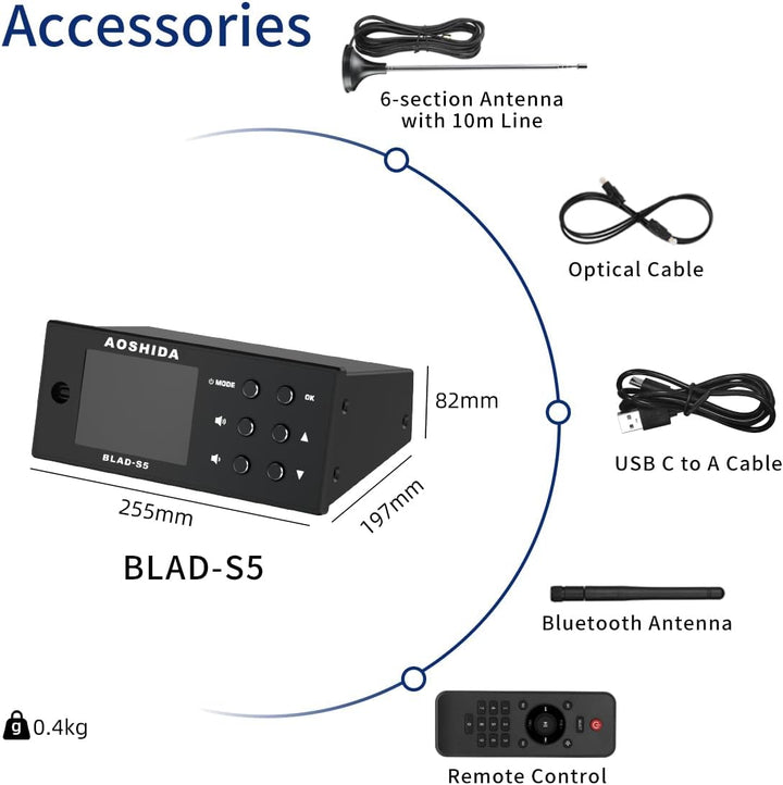 AOSHIDA BLAD-S5 FM Radio Bluetooth Empfänger, ES9038 CS8406 Wireless Audio Adapter, FM/BT to RCA/Koa