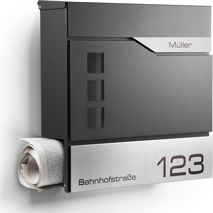 Moderner Briefkasten Personalisierbar Oslo Anthrazit RAL7016 - mit Zeitungsfach - Wandbriefkasten mi