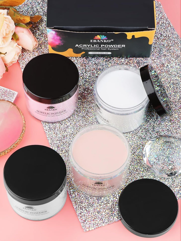 EBANKU Acrylpulver Set 480G, 4 Farben Acrylnagelpulver Professionelles Acrylpulver für Nagelacrylver