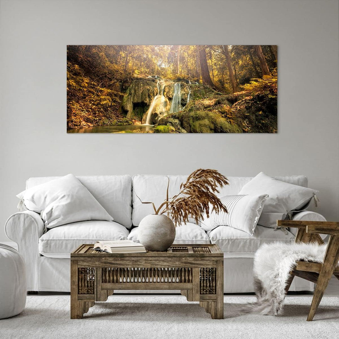 Wandbilder Dekoration Wohnzimmer Wald Wasserfall Natur Umwelt Panorama Bilder auf Leinwand 120x50cm