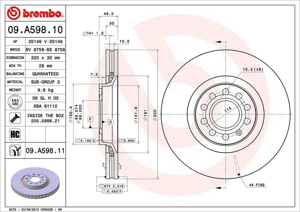 Brembo 09.A598.11 Vordere Bremsscheibe mit UV Lackierung, Anzahl 2