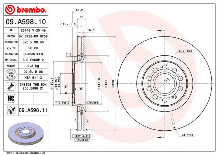 Brembo 09.A598.11 Vordere Bremsscheibe mit UV Lackierung, Anzahl 2