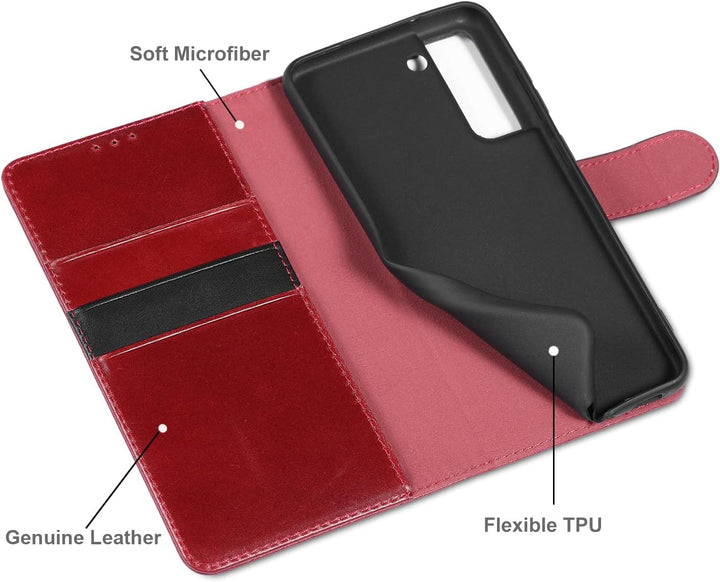 LENSUN Echtleder Hülle für Samsung Galaxy S21 FE, Handyhülle [Premium Echtes Leder] [Kartenfach] [RF