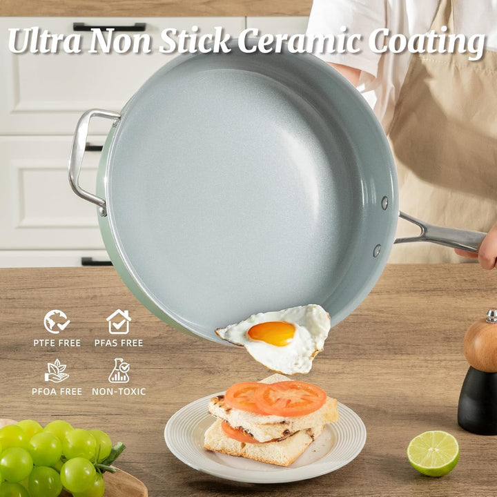 Bratpfanne 30cm Antihaft-Keramikpfanne 4.73L Tiefpfanne mit Edelstahlgriff und Deckel, Kochgeschirr