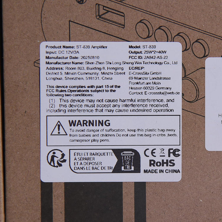 HiFi-Verstärker ST-839 Bluetooth5.0 Stereo-Audioverstärker Receivers 2.1 Kanäle 25WX2+40W Max. 100W