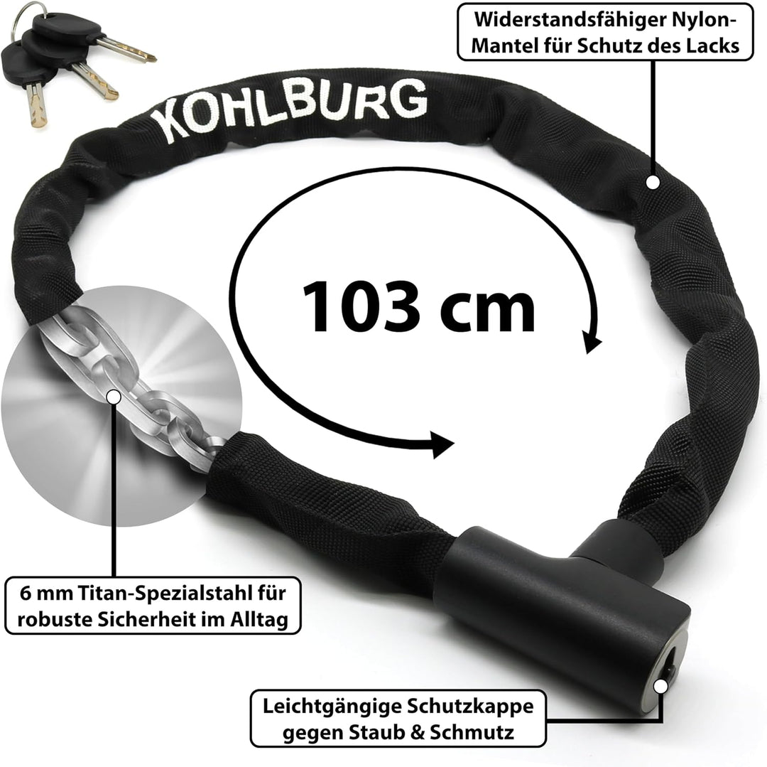 KOHLBURG Kettenschloss Fahrrad [103cm lang, 6mm starke Titan-Stahl Kette] - zuklickbares Fahrrad Sch