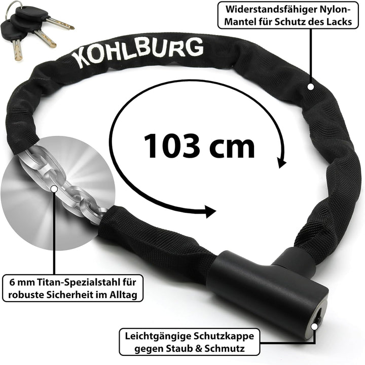 KOHLBURG Kettenschloss Fahrrad [103cm lang, 6mm starke Titan-Stahl Kette] - zuklickbares Fahrrad Sch