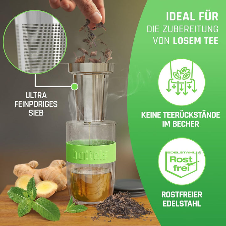 Glasbecher 380ml – mit Sieb Doppelwandig Teetasse mit Edelstahl-Sieb Keramik-Deckel spülmaschinengee