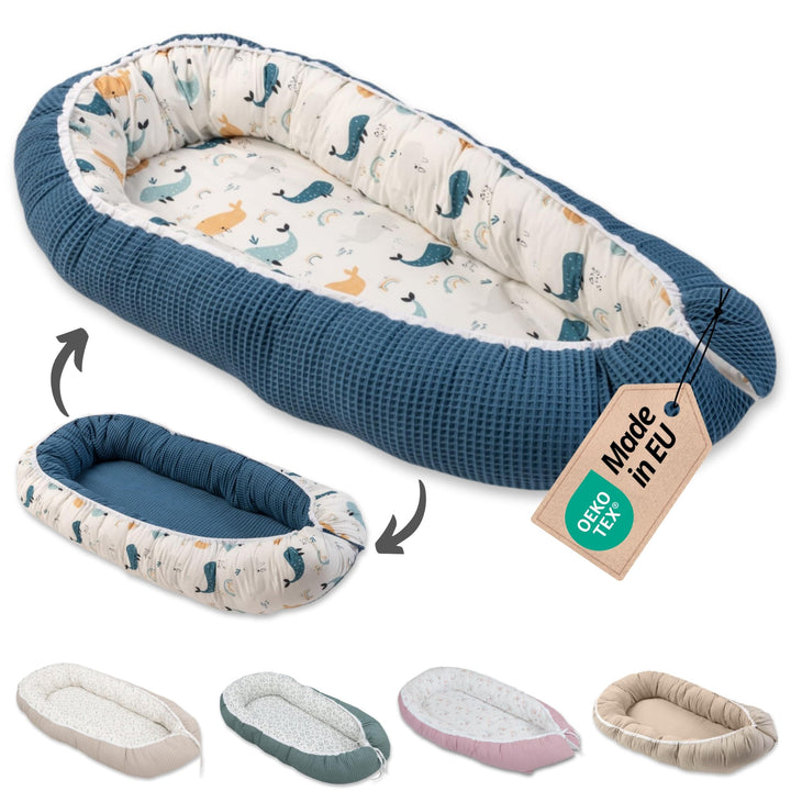 ULLENBOOM ® Babynest & Kuschelnest (55x95 cm) Blau-Wale (Made in EU) - Baby Nestchen aus Baumwolle,