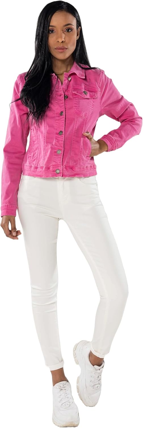 Nina Carter J212 Damen Slim-Fit Jeansjacke – Farbige Übergangsjacke mit Kent-Kragen und Taschen – Fr
