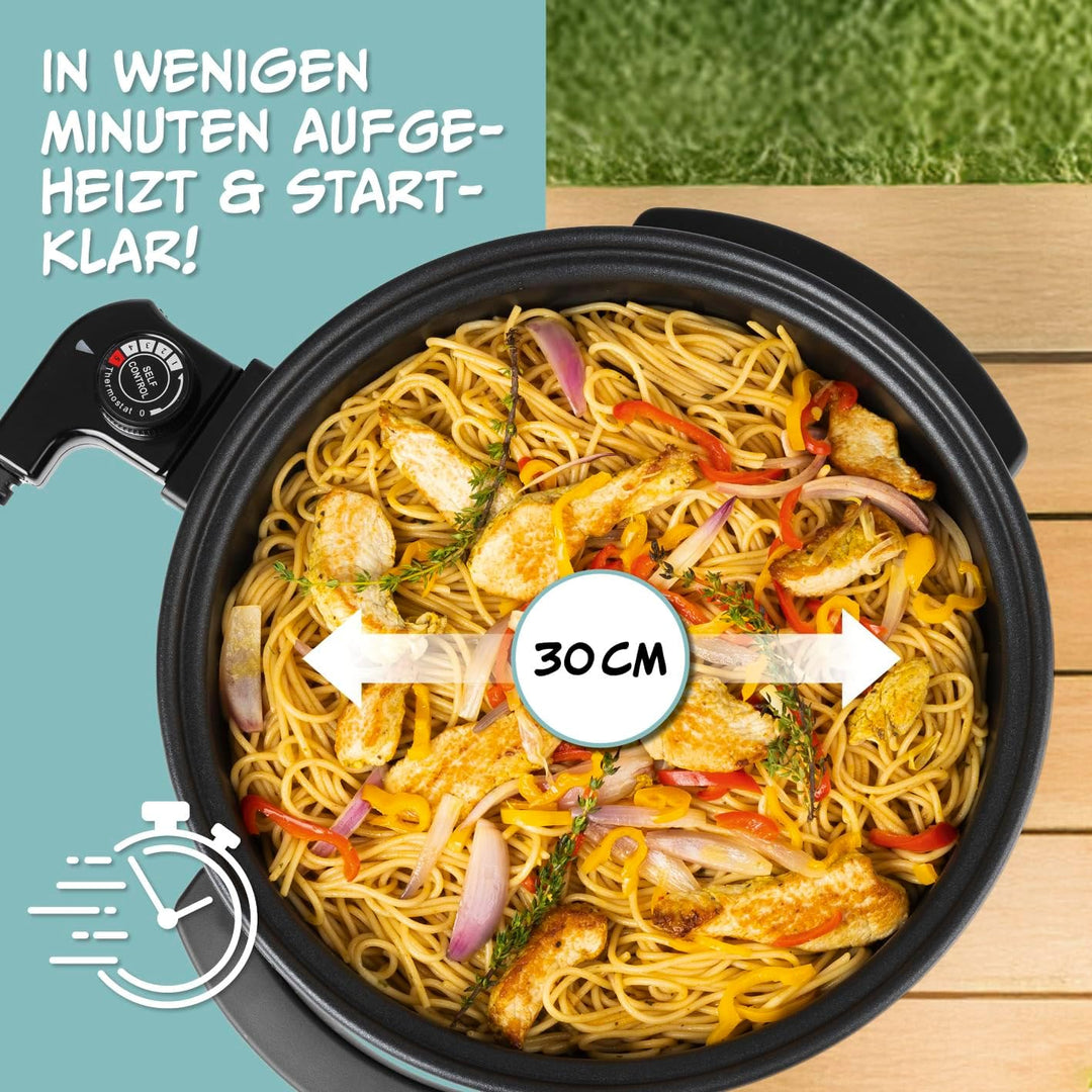 GOURMETmaxx elektrische Pizza-Pfanne mit Thermostat, Glasdeckel & Antihaftbeschichtung | Multifunkti