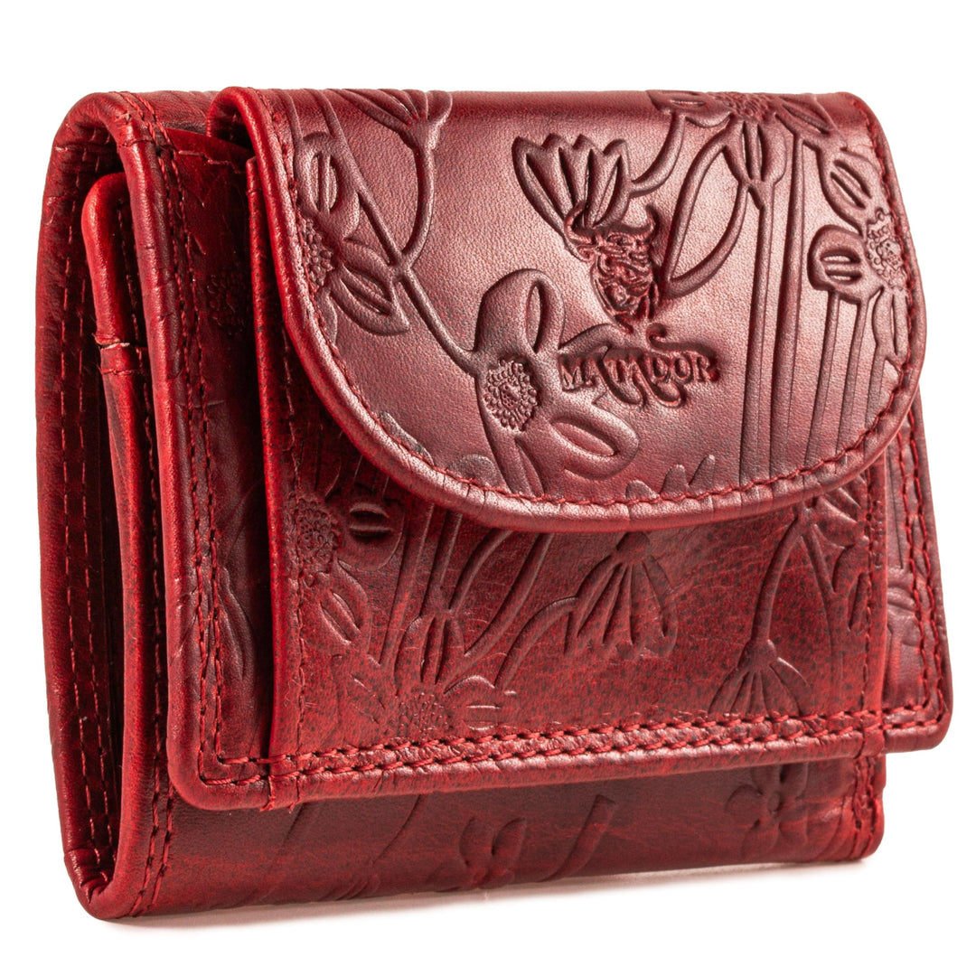 MATADOR Mini Geldtasche Echt Leder Herren Portemonnaie Klein Damen Blumenprägung Rot Klein Geldbörse
