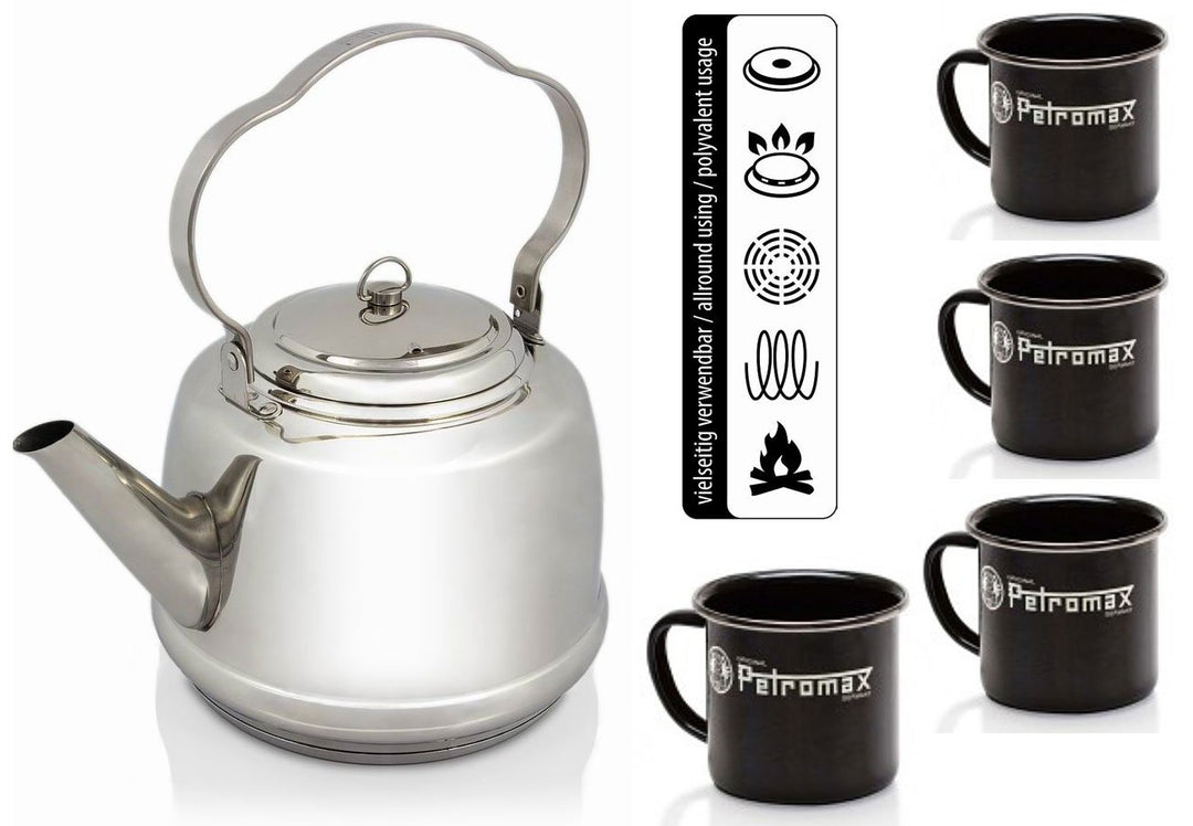 Petromax Teekessel Wasserkessel Teekanne Edelstahl+ 4 Becher Emaille schwarz