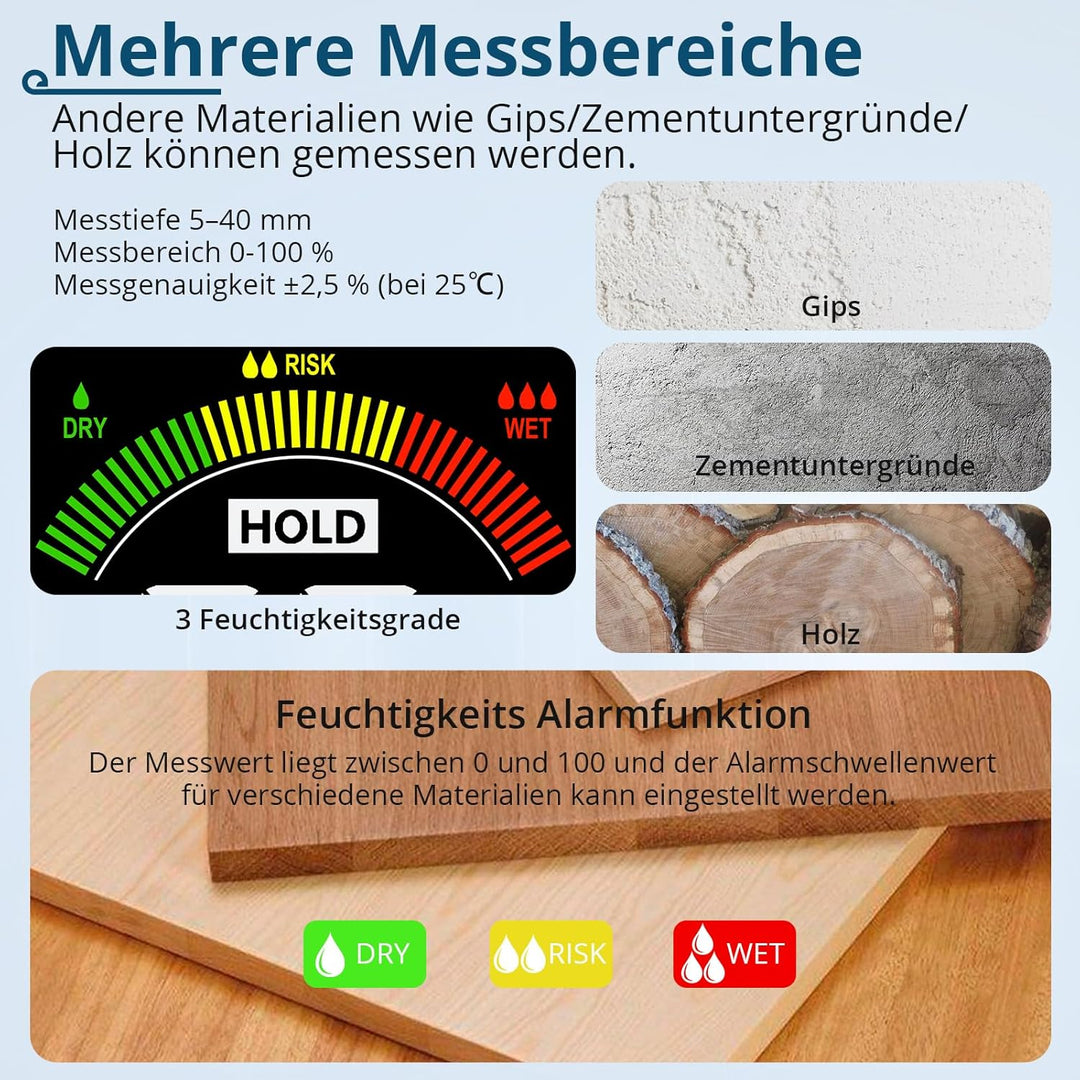 ALLmeter Wiederaufladbar Feuchtigkeitsmessgerät Feuchtigkeitsmesser 5-40 mm Analysetiefe mit Stoffbe