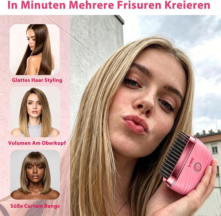 VGR 587 Kabellose Glättbürste Mini Mit 180°C Und 2 Stufen Reiseetui Rosa | Elektrische Haarbürste Mi