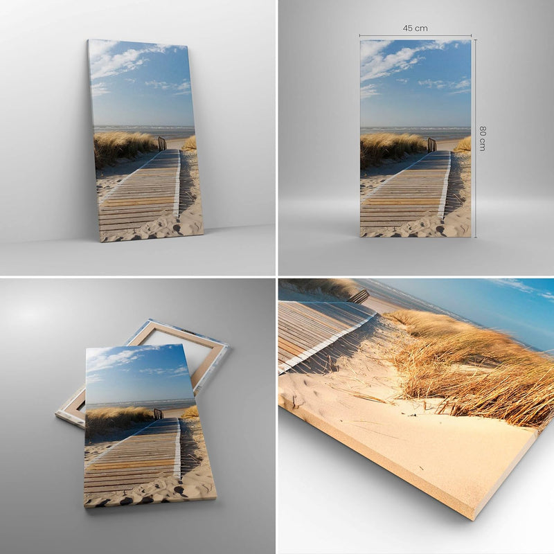 Bilder auf Leinwand Strand Meer Fussgängerbrücke Ufer Leinwandbild mit Rahmen 45x80cm Wandbilder Dek