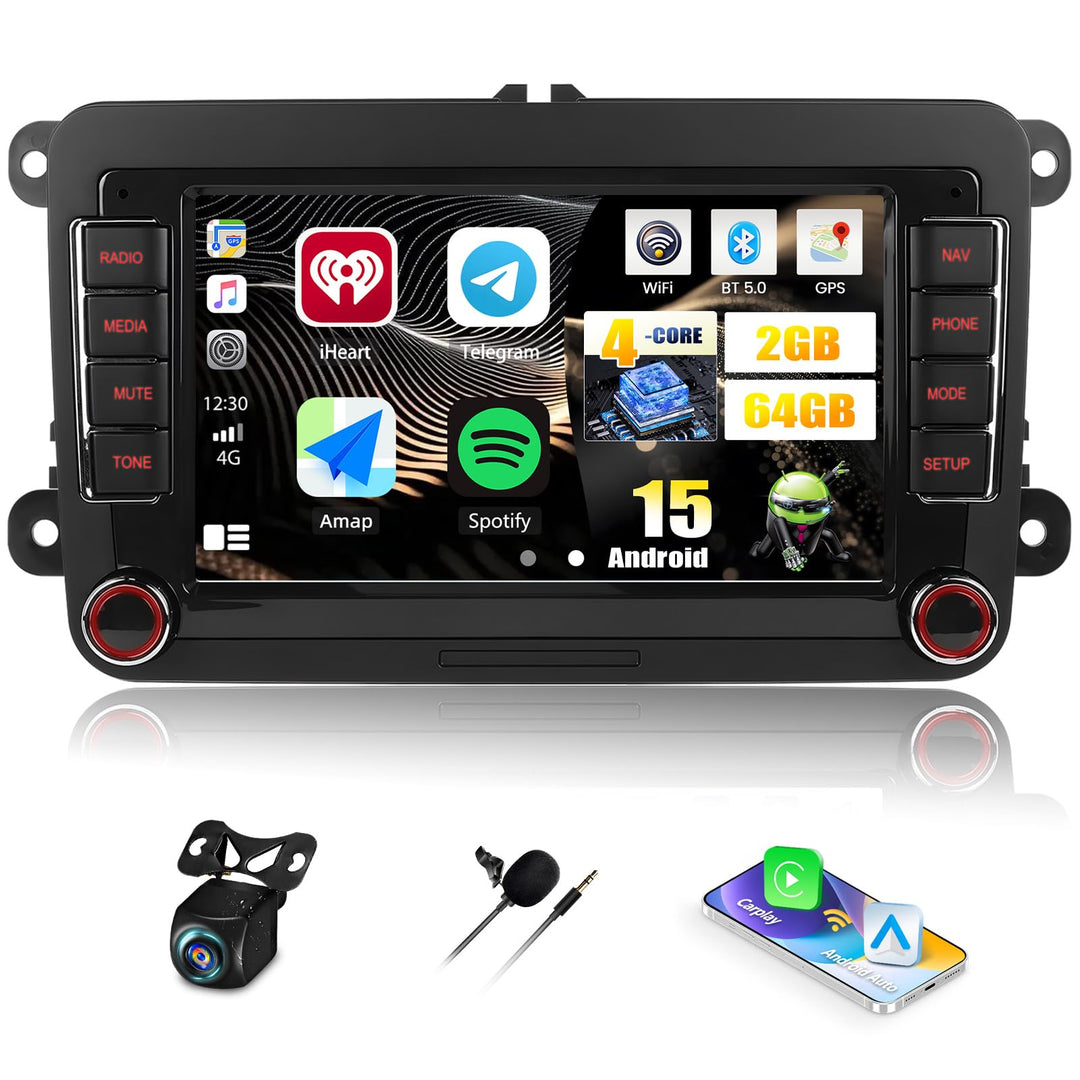 CAMECHO 2+64G Android 15 VW Autoradio für VW Golf 5 6 Polo Skoda mit Navi Carplay Android Auto,7-Zol