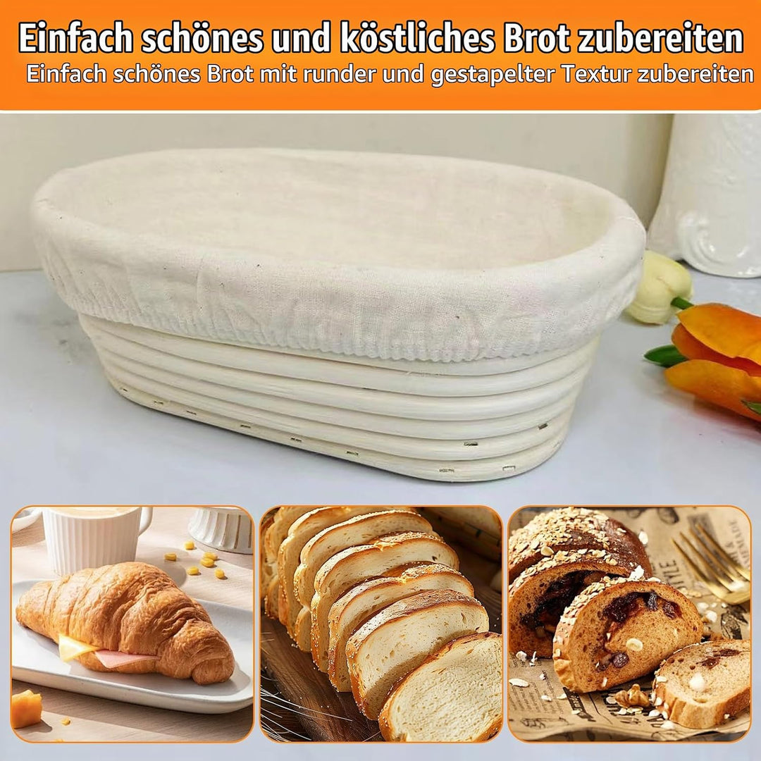 2 Stück Oval Gärkörbchen Set mit Leinenstoff Einlage, 25 x 15 x 8cm Brotbacken Gärkorb, Natürlichem