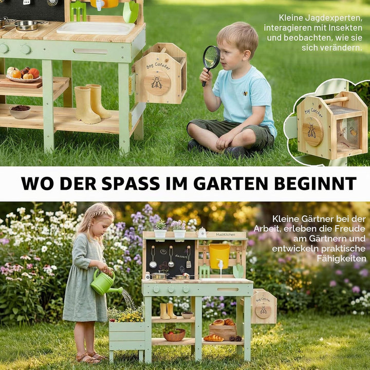 Labebe Matschküche Kinder Outdoor, 3-in-1 Matschküche mit Pflanzkasten und Insekten-Beobachtungsbox,