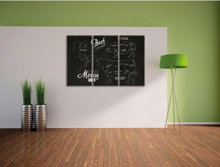 Pixxprint Meat Menu 1889 als Leinwandbild/Grösse: 3 Teilig (120x80) cm/Wandbild/Kunstdruck/fertig be